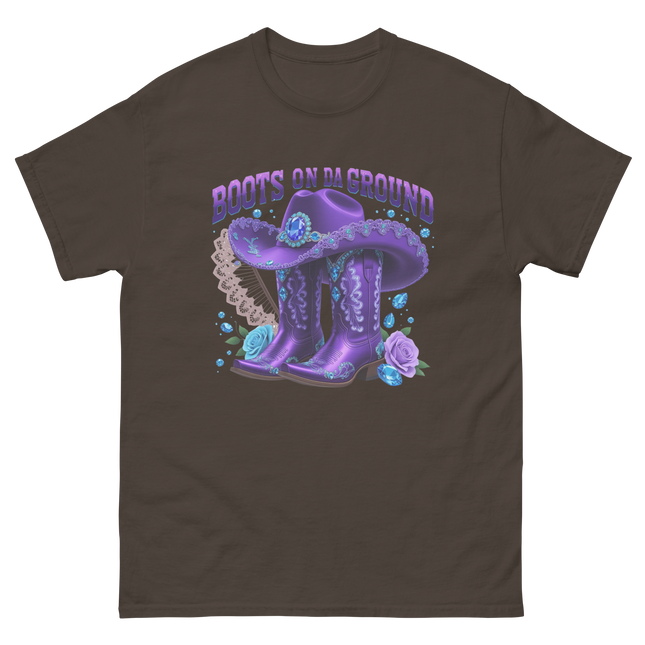 Boots on Da Ground Tee – Purple Fan & Jewel Design #4 Women Tees Style Junction – Custom Digital Designs & Apparel Dark Chocolate S