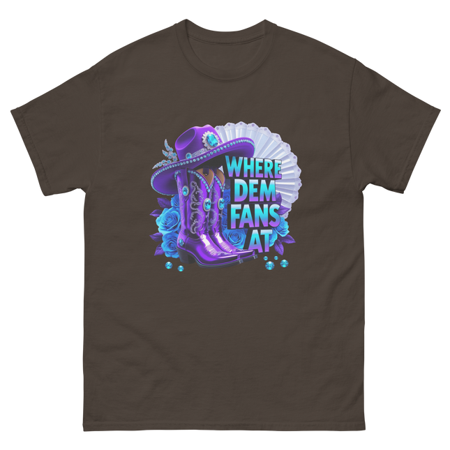 Where Dem Fans At Tee – Bold Purple Cowgirl Energy Women Tees Style Junction – Custom Digital Designs & Apparel Dark Chocolate S