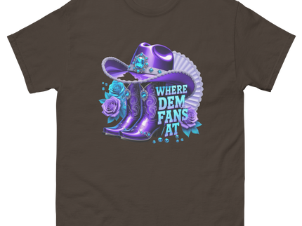 Where Dem Fans At Tee – Luxe Blue & Violet Fan Vibe Women Tees Style Junction – Custom Digital Designs & Apparel Dark Chocolate S
