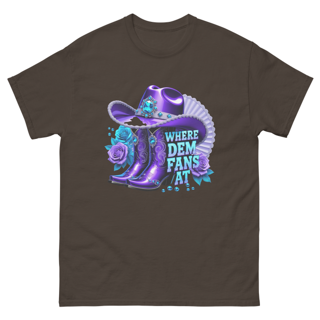 Where Dem Fans At Tee – Luxe Blue & Violet Fan Vibe Women Tees Style Junction – Custom Digital Designs & Apparel Dark Chocolate S