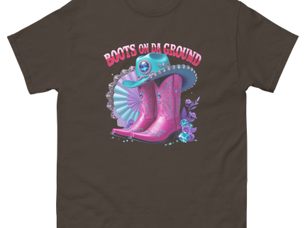 Boots on Da Ground Tee – Hot Pink with Fan Detail Women Tees Style Junction – Custom Digital Designs & Apparel Dark Chocolate S