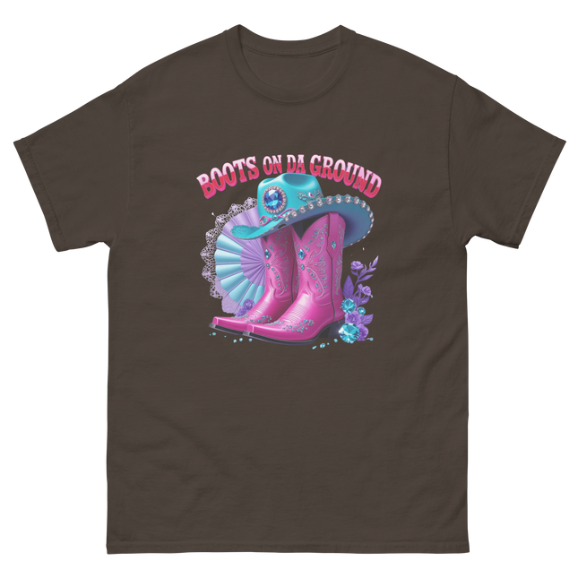 Boots on Da Ground Tee – Hot Pink with Fan Detail Women Tees Style Junction – Custom Digital Designs & Apparel Dark Chocolate S