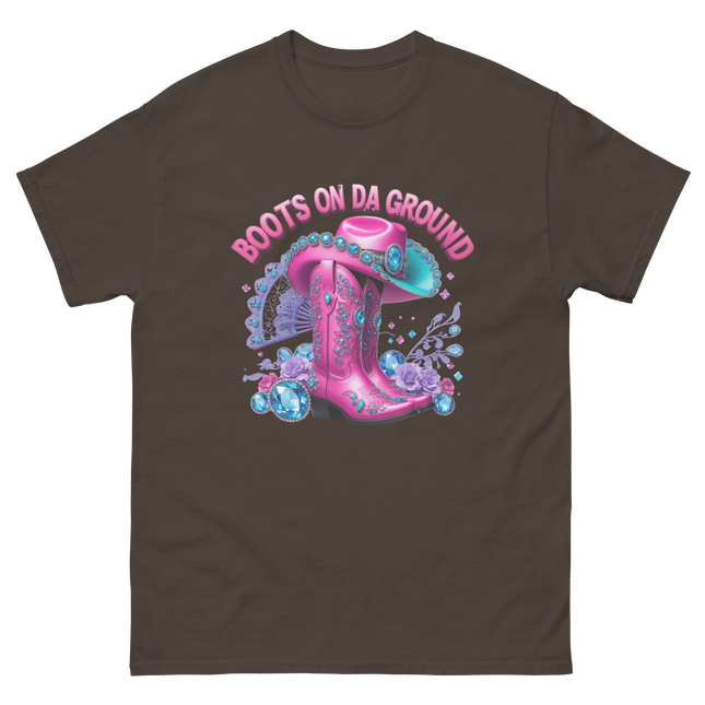 Bold Cowgirl Tee – Aqua Hat & Pink Boots Combo Women Tees Style Junction – Custom Digital Designs & Apparel Dark Chocolate S