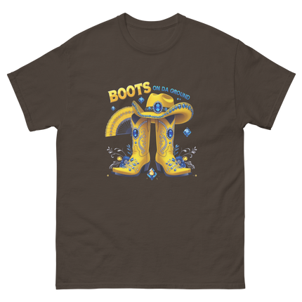 Yellow Glam Cowgirl Tee – Boots on Da Ground Design Women Tees Style Junction – Custom Digital Designs & Apparel Dark Chocolate S