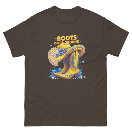 Bold Western Bling Tee – Yellow Boots & Hat Look Women Tees Style Junction – Custom Digital Designs & Apparel Dark Chocolate S