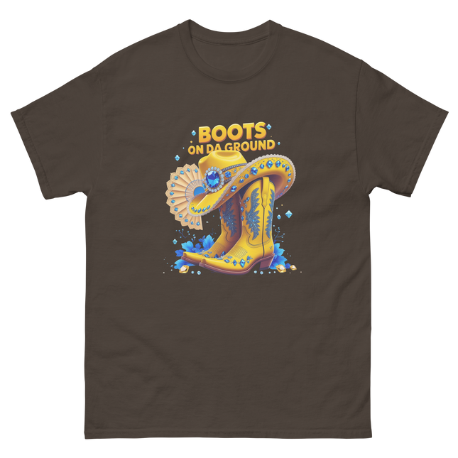 Bold Western Bling Tee – Yellow Boots & Hat Look Women Tees Style Junction – Custom Digital Designs & Apparel Dark Chocolate S