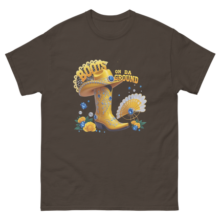 Boots on Da Ground Tee – Bright Yellow Jewel Style Women Tees Style Junction – Custom Digital Designs & Apparel Dark Chocolate S