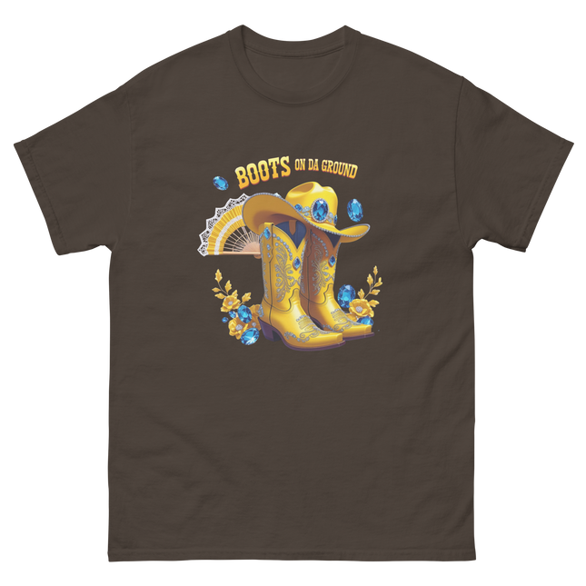 Golden Western Tee – Yellow Floral Boots on Da Ground Women Tees Style Junction – Custom Digital Designs & Apparel Dark Chocolate S
