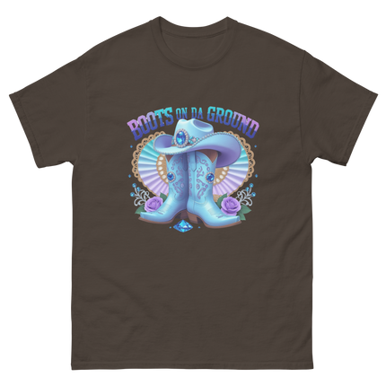 Western Shine Tee – Boots on Da Ground in Cool Blue Women Tees Style Junction – Custom Digital Designs & Apparel Dark Chocolate S