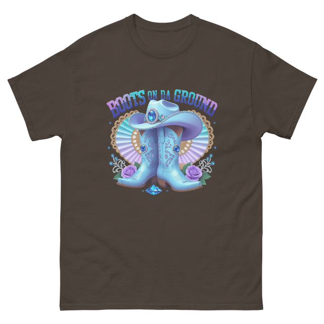 Western Shine Tee – Boots on Da Ground in Cool Blue Women Tees Style Junction – Custom Digital Designs & Apparel Dark Chocolate S