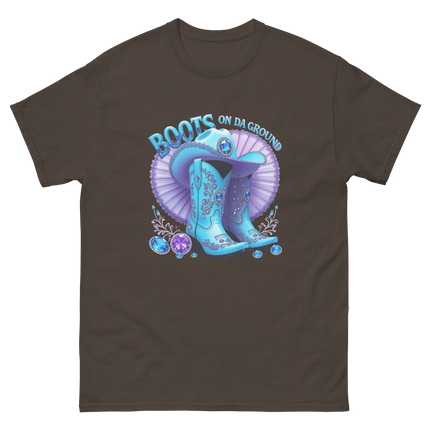 Sparkling Cowgirl Tee – Lavender Fan & Blue Boot Look Women Tees Style Junction – Custom Digital Designs & Apparel Dark Chocolate S