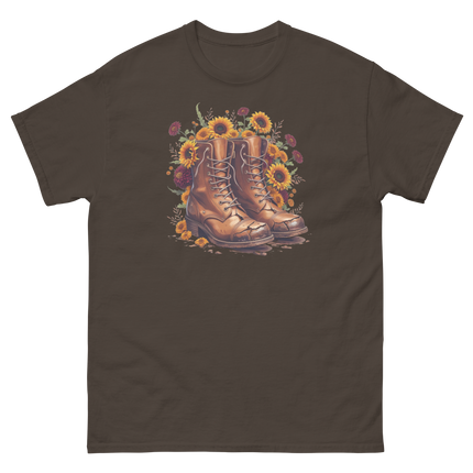 Rustic Fall Combat Boots with Sunflowers Graphic Tee #1 Women Tees Style Junction – Custom Digital Designs & Apparel Dark Chocolate S