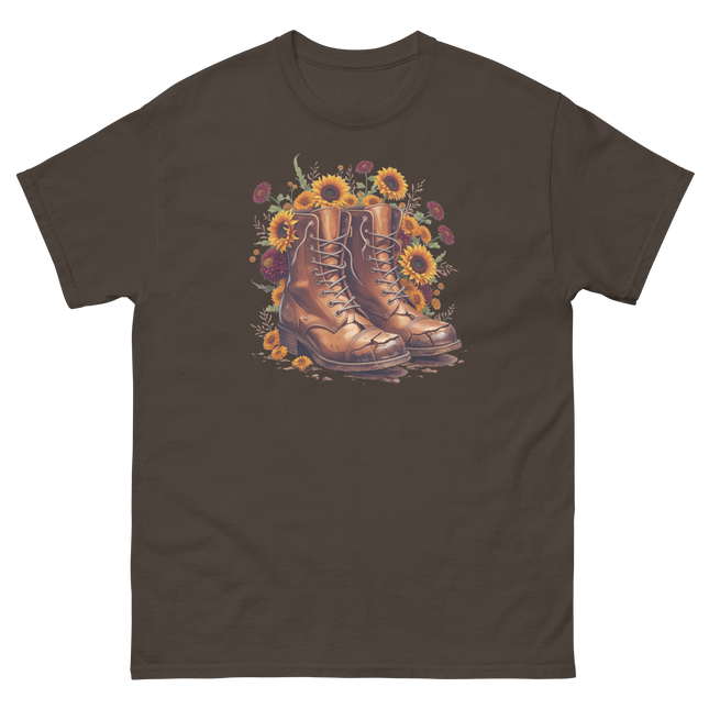 Rustic Fall Combat Boots with Sunflowers Graphic Tee #1 Women Tees Style Junction – Custom Digital Designs & Apparel Dark Chocolate S