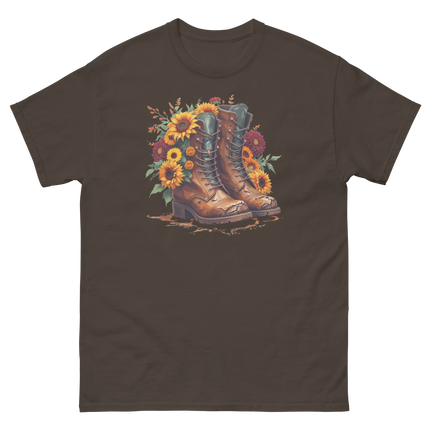 Rustic Fall Combat Boots with Sunflowers Graphic Tee #2 Women Tees Style Junction – Custom Digital Designs & Apparel Dark Chocolate S