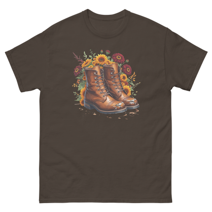 Rustic Fall Combat Boots with Sunflowers Graphic Tee #3 Women Tees Style Junction – Custom Digital Designs & Apparel Dark Chocolate S
