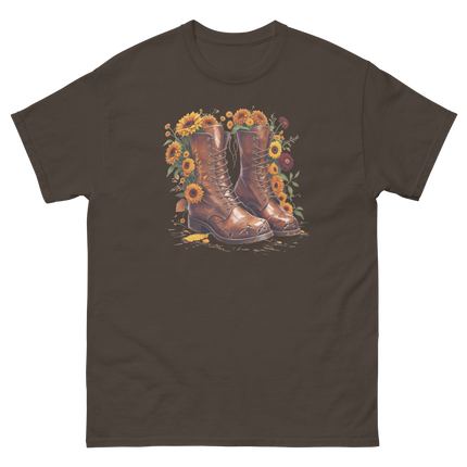 Rustic Fall Combat Boots with Sunflowers Graphic Tee #4 Women Tees Style Junction – Custom Digital Designs & Apparel Dark Chocolate S