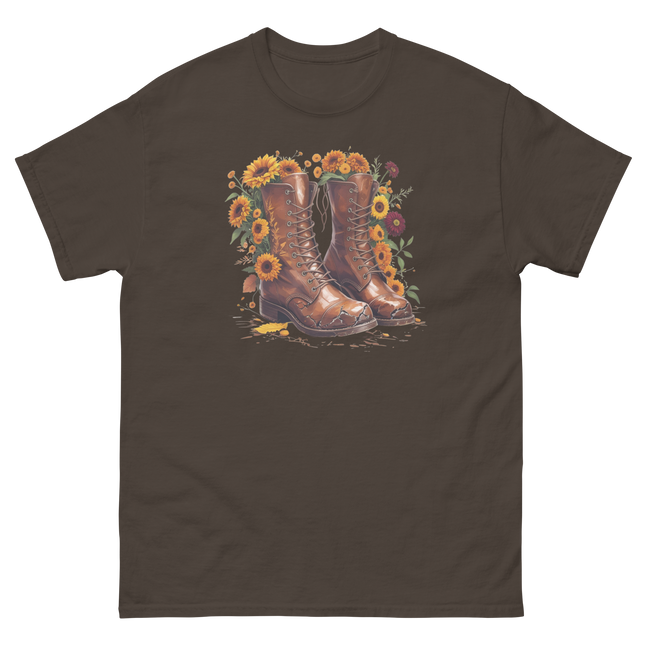 Rustic Fall Combat Boots with Sunflowers Graphic Tee #4 Women Tees Style Junction – Custom Digital Designs & Apparel Dark Chocolate S