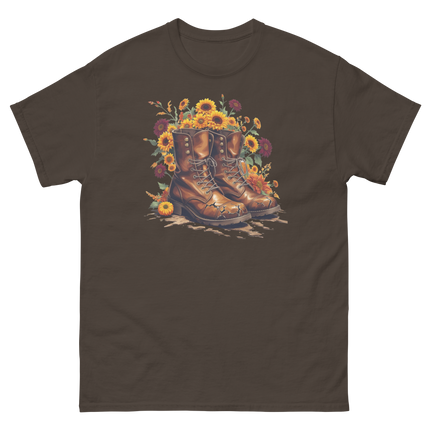 Rustic Fall Combat Boots with Sunflowers Graphic Tee #5 Women Tees Style Junction – Custom Digital Designs & Apparel Dark Chocolate S