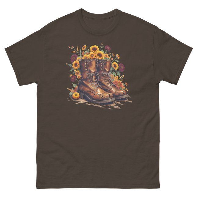 Rustic Fall Combat Boots with Sunflowers Graphic Tee #5 Women Tees Style Junction – Custom Digital Designs & Apparel Dark Chocolate S