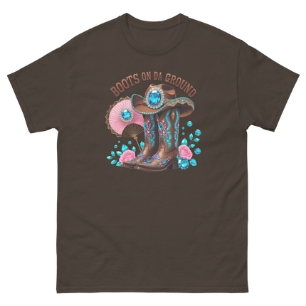 Brown Rhinestone Cowgirl Boots Tee – Boots on Da Ground #5 Women Tees Style Junction – Custom Digital Designs & Apparel Dark Chocolate S