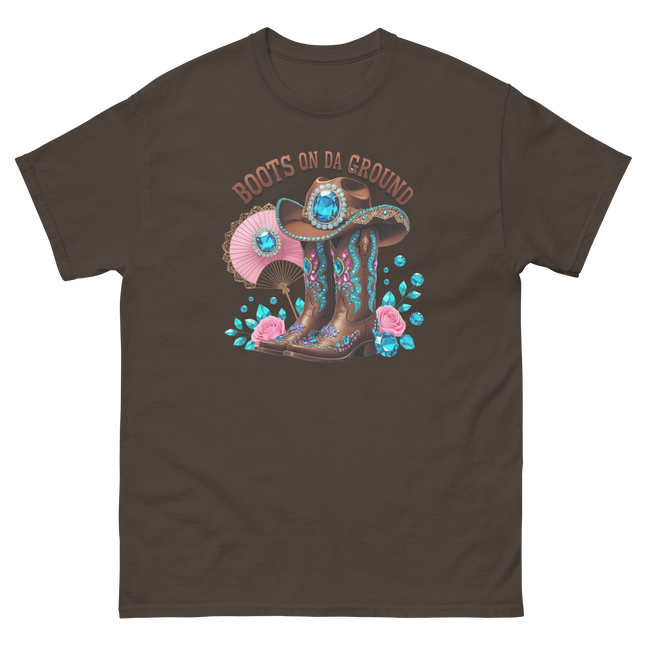 Brown Rhinestone Cowgirl Boots Tee – Boots on Da Ground #5 Women Tees Style Junction – Custom Digital Designs & Apparel Dark Chocolate S