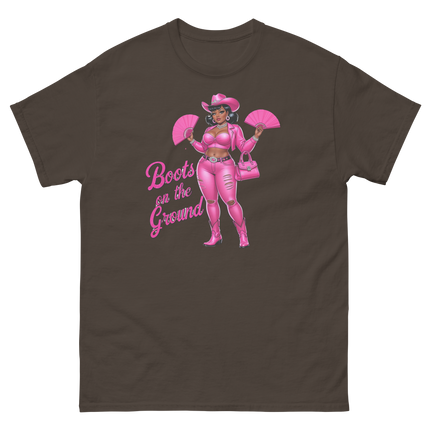 Pink Glam Cowgirl Tee – Boots on the Ground Graphic Shirt #1 Women Tees Style Junction – Custom Digital Designs & Apparel Dark Chocolate S