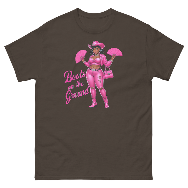 Pink Glam Cowgirl Tee – Boots on the Ground Graphic Shirt #1 Women Tees Style Junction – Custom Digital Designs & Apparel Dark Chocolate S