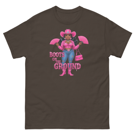 Pink Glam Cowgirl Tee – Boots on the Ground Graphic Shirt #4 Women Tees Style Junction – Custom Digital Designs & Apparel Dark Chocolate S