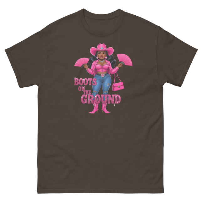 Pink Glam Cowgirl Tee – Boots on the Ground Graphic Shirt #4 Women Tees Style Junction – Custom Digital Designs & Apparel Dark Chocolate S