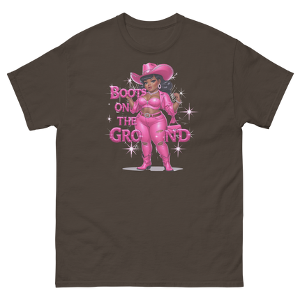 Pink Glam Cowgirl Tee – Boots on the Ground Graphic Shirt #5 Women Tees Style Junction – Custom Digital Designs & Apparel Dark Chocolate S