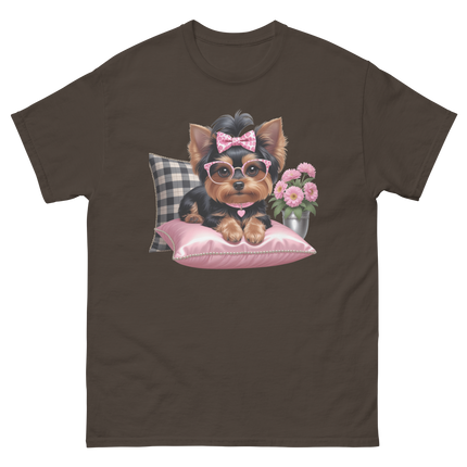 Yorkie Glam Tee – Pink Leopard Print Dog Graphic Shirt #1 Women Tees Style Junction – Custom Digital Designs & Apparel Dark Chocolate S