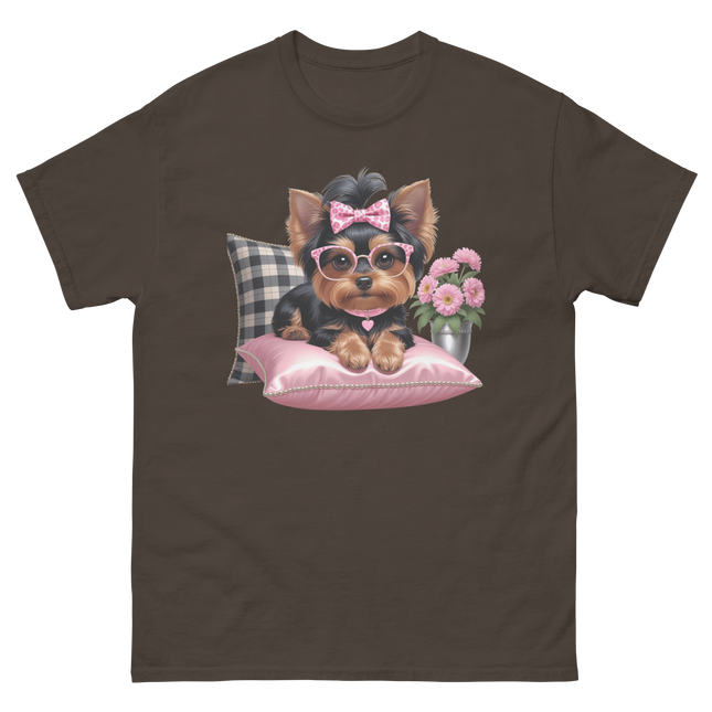 Yorkie Glam Tee – Pink Leopard Print Dog Graphic Shirt #1 Women Tees Style Junction – Custom Digital Designs & Apparel Dark Chocolate S
