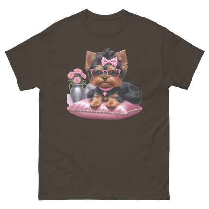 Yorkie Glam Tee – Pink Leopard Print Dog Graphic Shirt #2 Women Tees Style Junction – Custom Digital Designs & Apparel Dark Chocolate S