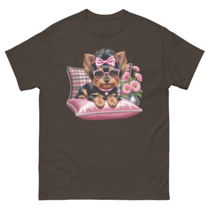 Yorkie Glam Tee – Pink Leopard Print Dog Graphic Shirt #3 Women Tees Style Junction – Custom Digital Designs & Apparel Dark Chocolate S