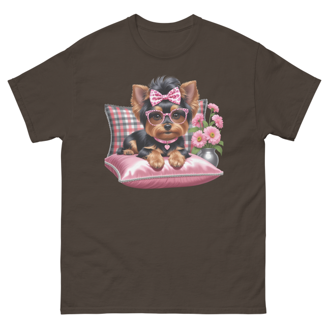 Yorkie Glam Tee – Pink Leopard Print Dog Graphic Shirt #3 Women Tees Style Junction – Custom Digital Designs & Apparel Dark Chocolate S
