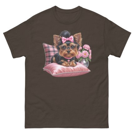 Yorkie Glam Tee – Pink Leopard Print Dog Graphic Shirt #4 Women Tees Style Junction – Custom Digital Designs & Apparel Dark Chocolate S