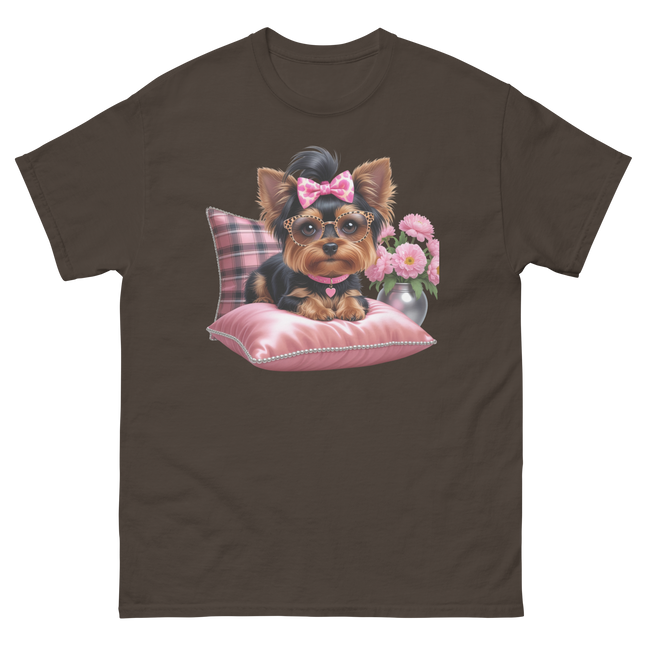 Yorkie Glam Tee – Pink Leopard Print Dog Graphic Shirt #4 Women Tees Style Junction – Custom Digital Designs & Apparel Dark Chocolate S
