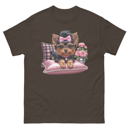 Yorkie Glam Tee – Pink Leopard Print Dog Graphic Shirt #5 Women Tees Style Junction – Custom Digital Designs & Apparel Dark Chocolate S