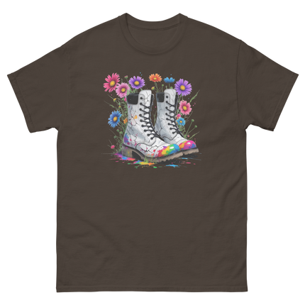 Rainbow Combat Boots Tee – Floral Festival Graphic Shirt #1 Women Tees Style Junction – Custom Digital Designs & Apparel Dark Chocolate S