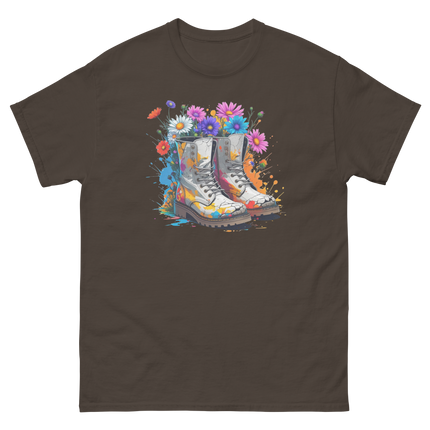 Rainbow Combat Boots Tee – Floral Festival Graphic Shirt #2 Women Tees Style Junction – Custom Digital Designs & Apparel Dark Chocolate S