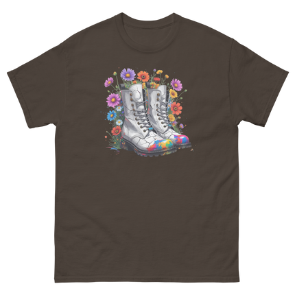 Rainbow Combat Boots Tee – Floral Festival Graphic Shirt #3 Women Tees Style Junction – Custom Digital Designs & Apparel Dark Chocolate S