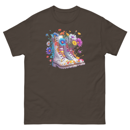 Rainbow Combat Boots Tee – Floral Festival Graphic Shirt #4 Women Tees Style Junction – Custom Digital Designs & Apparel Dark Chocolate S