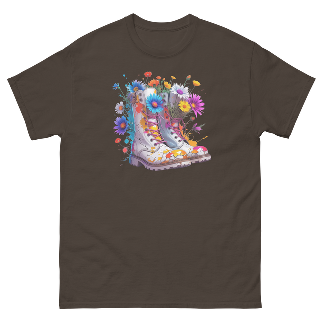 Rainbow Combat Boots Tee – Floral Festival Graphic Shirt #4 Women Tees Style Junction – Custom Digital Designs & Apparel Dark Chocolate S