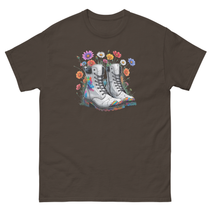 Rainbow Combat Boots Tee – Floral Festival Graphic Shirt #5 Women Tees Style Junction – Custom Digital Designs & Apparel Dark Chocolate S