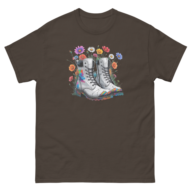 Rainbow Combat Boots Tee – Floral Festival Graphic Shirt #5 Women Tees Style Junction – Custom Digital Designs & Apparel Dark Chocolate S