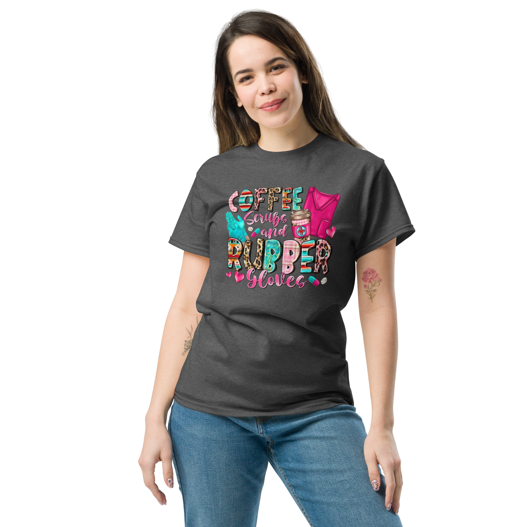 Coffee Scrubs and Rubber Gloves Unisex Custom Sweatshirt Classic T-shirt Physical T-Shirt Style-Junction Dark Heather S