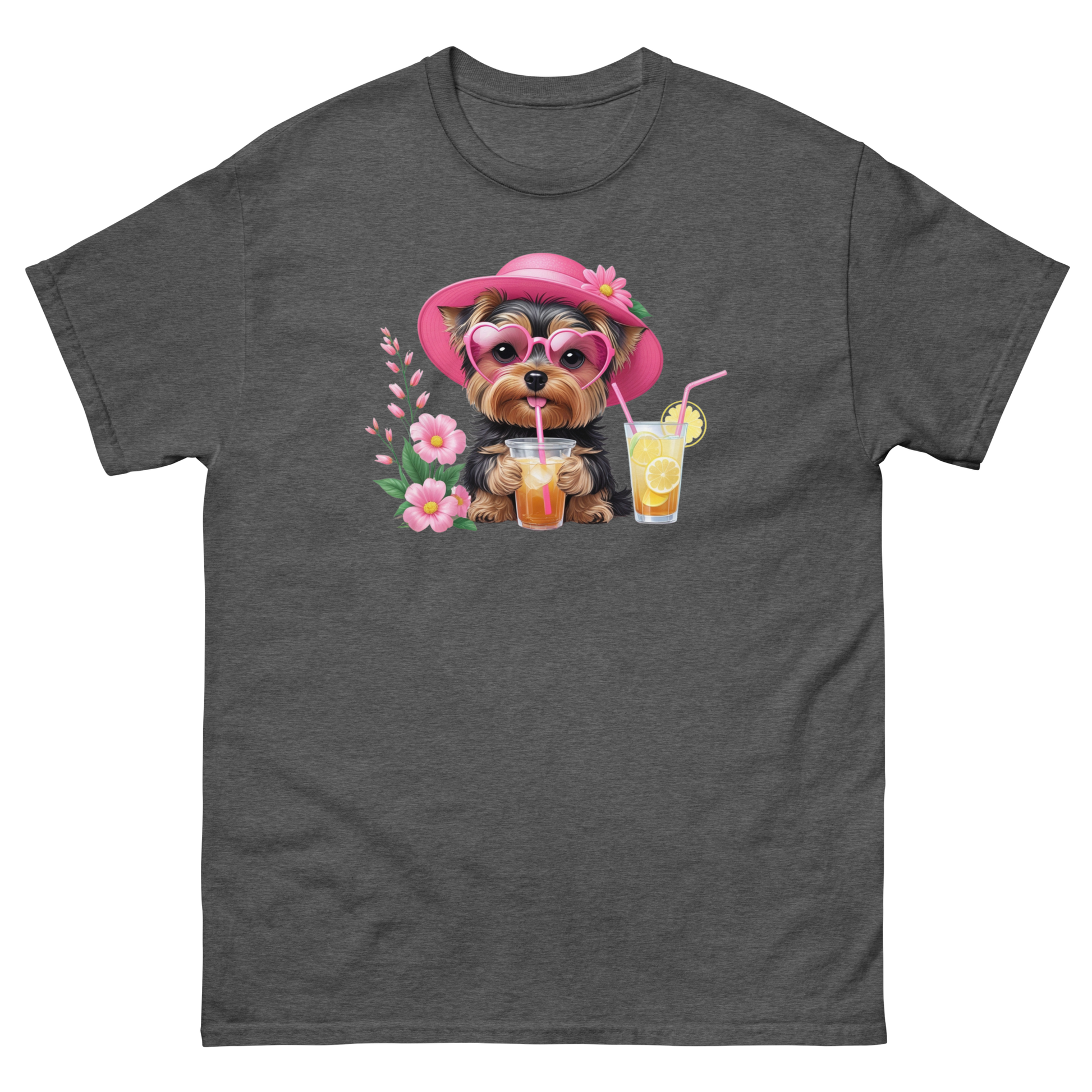 Yorkie Dog #1 Iced Tea Graphic Tee – Floral Summer PNG Print Shirt Women Tees Style Junction – Custom Digital Designs Dark Heather S