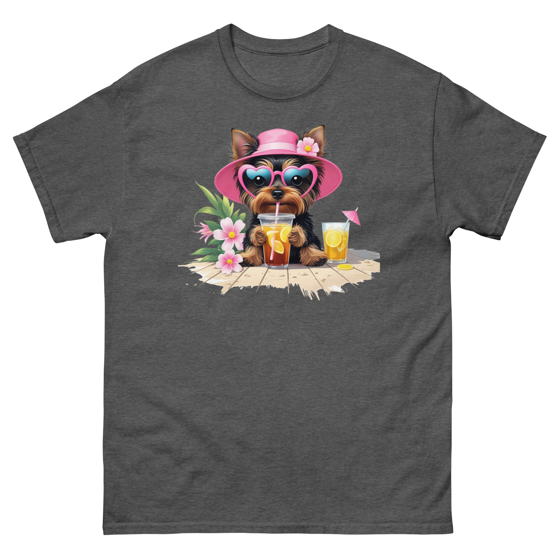 Yorkie Dog #3 Iced Tea Graphic Tee – Floral Summer PNG Print Shirt Women Tees Style Junction – Custom Digital Designs Dark Heather S