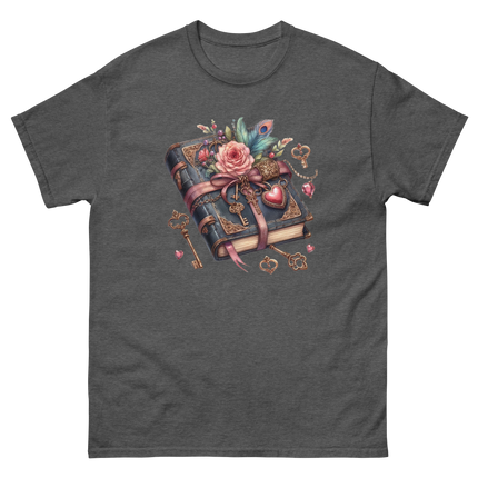 Vintage Rose Key Book Graphic Tee Women Tees Style Junction – Custom Digital Designs & Apparel Dark Heather S