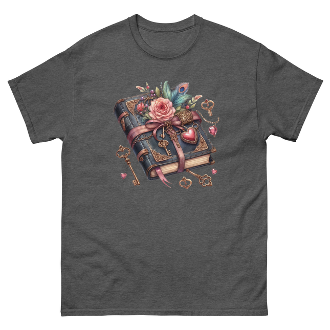 Vintage Rose Key Book Graphic Tee Women Tees Style Junction – Custom Digital Designs & Apparel Dark Heather S
